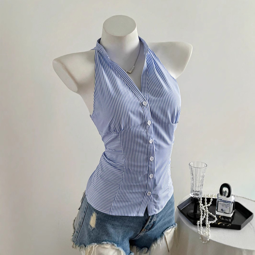 파란색과 흰색 줄무늬 민소매 셔츠 탑 여성용 버튼 다운 - Sleeveless Undershirt 리뷰 및 가격